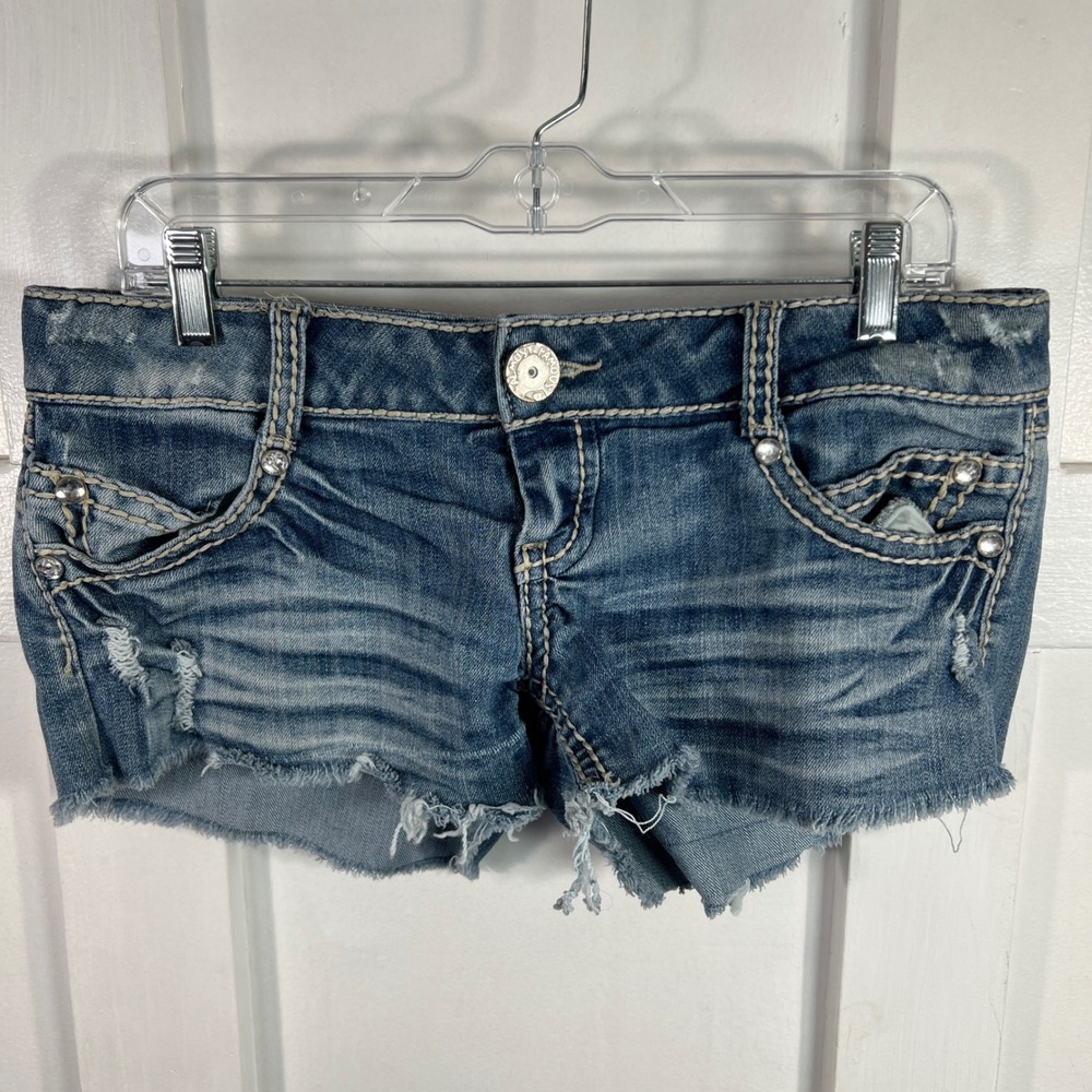 Almost Famous Womens Low Rise Distressed Denim Shorts Rhinestone Blue Size 9